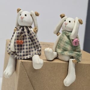 VTG Russ Cutest Jointed Bunny Rabbit Mini Figurine Plaid Dresses Easter Decor